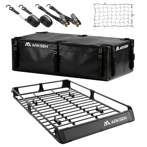 ARKSEN 64" x 39" x 6" Roof Rack Cargo Basket with Foldable Fairing, 250 lbs Heavy Duty Steel Rooftop Carrier with 500D PVC Waterproof Bag, Cargo Net &