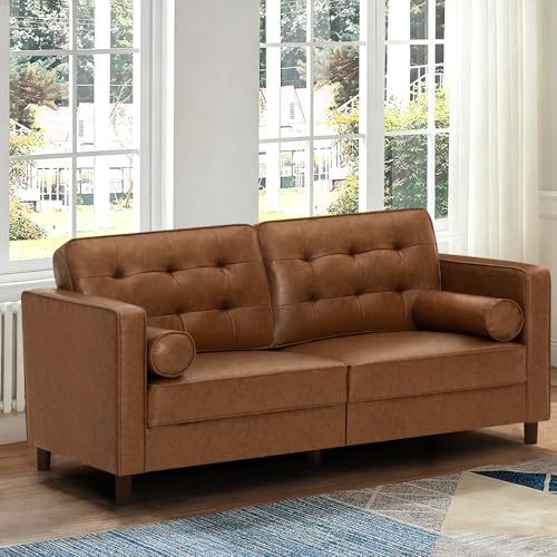 Image of 67 Inches Modern Faux Leather 2-Seat Sofa w /2 Bolster Pillows & Tufted Backrest, Mid-Century Couch, Premium 2 Seaters Sofa for Living Room, Bedroom, Office, Brown