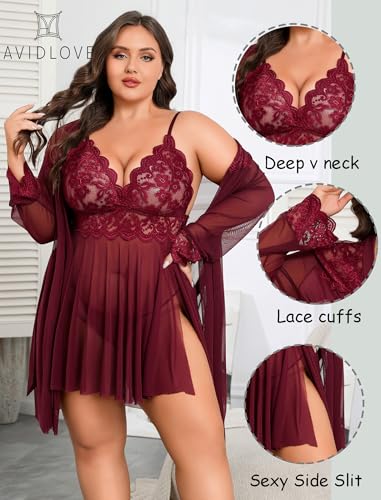 Image of Avidlove Plus Size Lingerie Sexy Lingerie Set Women's Exotic Nightgowns Lace Chemise Lingerie Side Slit Nightdress