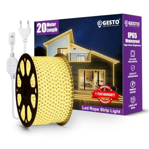 Image of Gesto 20 Meter Rope LED Strip Lights | 120 LED /Mtr Waterproof Outdoor Lights for Balcony, Home Decor, Cove Light for False Ceiling | Flexible, Cuttable Strip Light for Diwali Decoration - Warm White