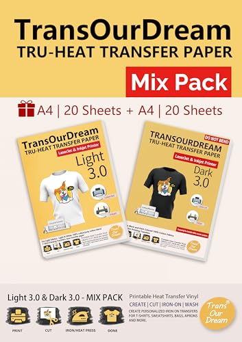 TransOurDream Vinilo de transferencia de calor imprimible por planchado 3.0 para telas de colores oscuros y claros, paquete de mezcla de inyección de tinta e impresora láser, 20 + 20 hojas A4