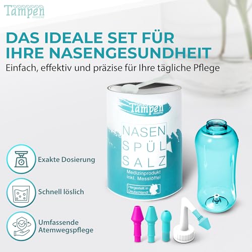Tampen Nasendusche Erwachsene & Kinder – inkl. 120x Premium Nasenspülsalz (300g), Messlöffel & 3 Aufsätze – Nasenspülkanne - Nasenspülung mit Nasensalz für schonende Nasenreinigung - Nasal Rinse 4