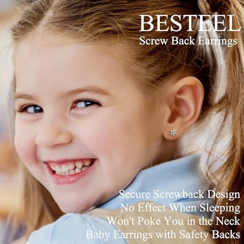 BESTEEL 12 Pairs Hypoallergenic Earrings for Girls Women Stainless Surgical Steel Screw Flat Back Stud Earrings Cute CZ Flower Tiny Screwback Studs Set Toddler Kids Baby 20G3