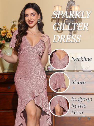 Image of Women Formal Wedding Guest Sparkly Party Dress Ruffle Glitter Sequin Midi Evening Gown Prom Hi Low Cocktail Dresses