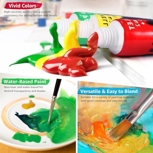 Colorful Kit de pintura acrílica - Conjunto de suprimentos de tinta com 24 cores, 30 pincéis, 5 tela
