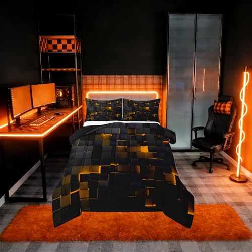 Image of Erosebridal Black and Orange Comforter Set Full Neon Geometric Checkered Bedding Set for Kids Boys Adults Men,Stereoscopic Grid Plaid Comforter Glowing Square Bed Duvet Set 3 Pcs
