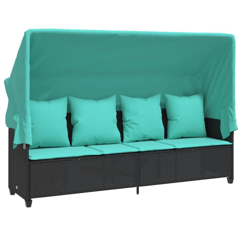 Chaise longue avec auvent vidaXL en résine tressée noire pour le jardin