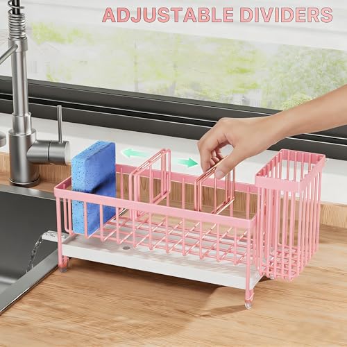 Image of Cisily Sponge Holder for Kitchen Sink, Sink Caddy Organizer with High Brush Holder, Kitchen Countertop Organizers and Storage Essentials, Rustproof 304 Stainless Steel (Pink, 9.25″)