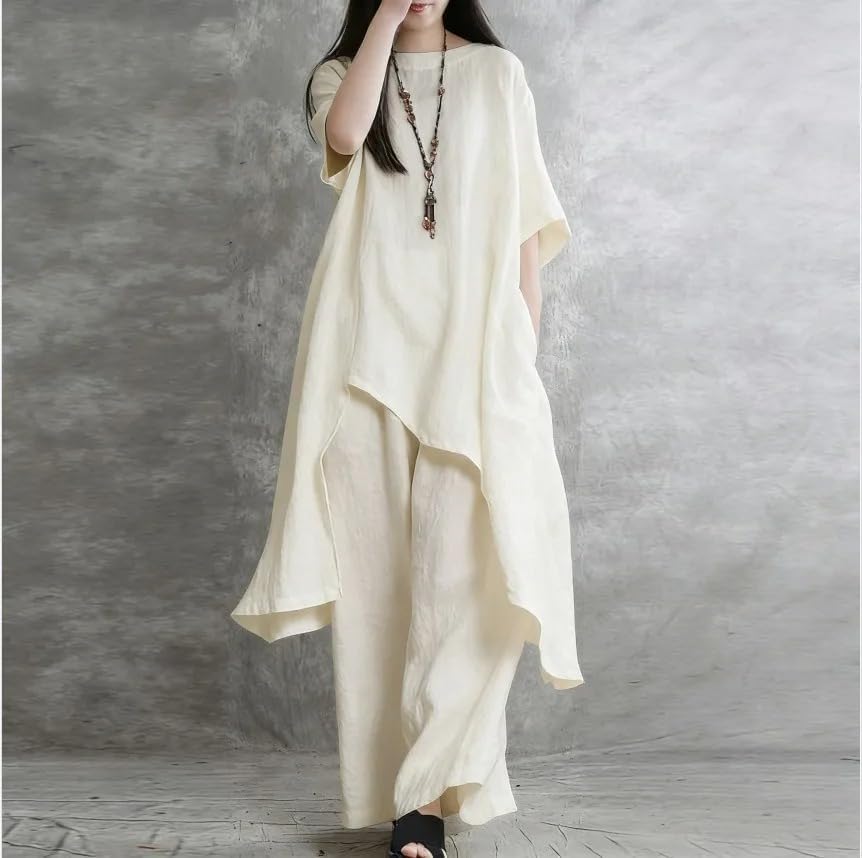 Women Linen Two Piece Set Loose Fit Top Wide Leg Pants Casual Summer Outfit