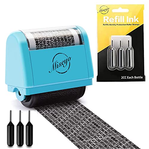 Miseyo Wide Identity Theft Protection Roller Stamp Set - Blue (3 Refill Ink Included) with Refill Ink - 3 Pack - Black Ink