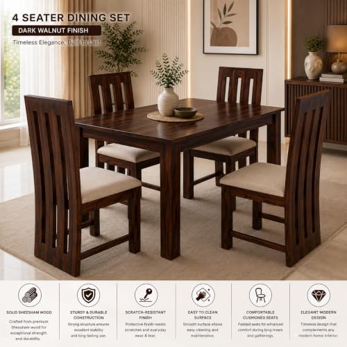 Image of Sheesham Wood 4 Seater Dining Table Set for Living Room Solid Wood Dining Table Set with 4 Chairs, Dining Room Furniture Walnut Finish