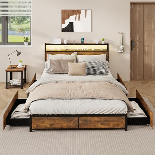 COSTWAt Letto Matrimoniale 140x220 Cm Con Luci LED E Stazione Di Ricarica – Marrone Rustico - 3