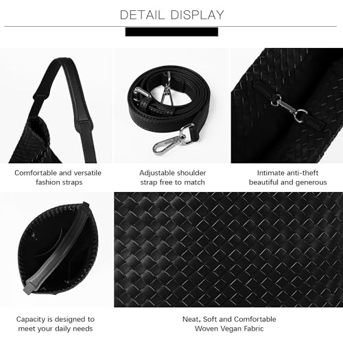 Image of Woven Tote Bag For Women,Vegan Leather Shoulder Bag Large Handbags Satchel Messenger Bag (BLACK+Toy)