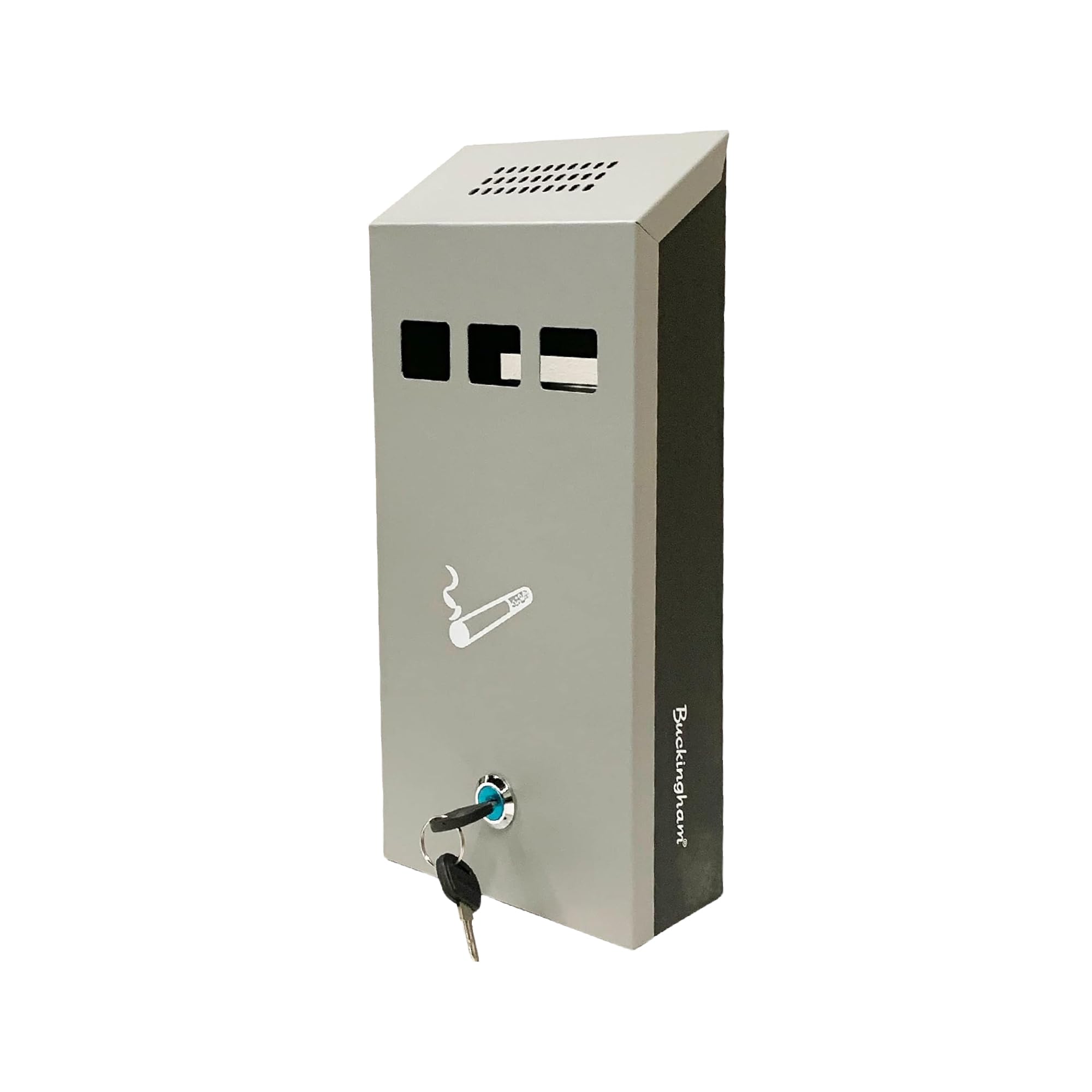 Buckingham Wall Mounted Outdoor Cigarette Bin, Ashtray, Ash Bin, Heavy Duty Ashtray, Pubs, Clubs, Office, Home, Luminous Cigarette Motif, Smoking, Lockable, Slimline, Grey/Black