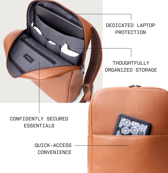 Slim Leather Laptop Backpack NW108 – Lightweight Daypack for Work, Travel & College – Fits Laptops up to 15.6” - Caramel4