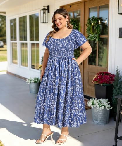 Image of RITERA Plus Size Dresses for Curvy Women Square Neck Short Sleeve Summer Floral Smocked Maxi Dress with Pocket XL-5XL