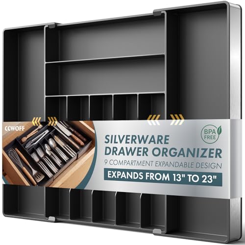 Extra Large Silverware Organizer, 9 Slot Expandable Kitchen Drawer Organizer, Utensil Holder, Heavy Duty Stainless Steel Frame Silverware Drawer Organizer, 8 Non-Slip Feet Included, BPA Free, Black