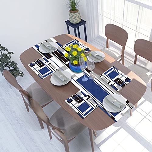 Lnond Placemats Set Of 6 And Table Runner,Blue Geometric Table Mats Set Double Layer Heat-Resistand,Scratch Resistant Non-Slip Washable Place Mats Set #TOP5