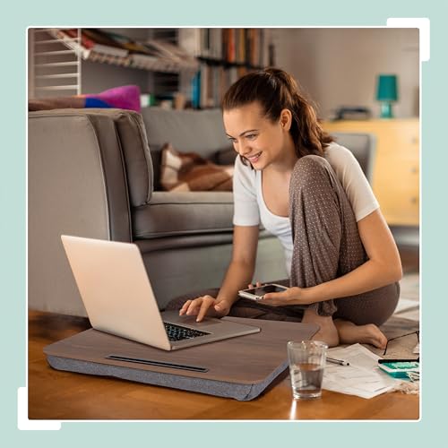 Relaxdays Laptopkissen mit Handyhalter, BxT: 46 x 35 cm, Laptopunterlage für Bett & Sofa, Laptop Knietablett, braun/grau