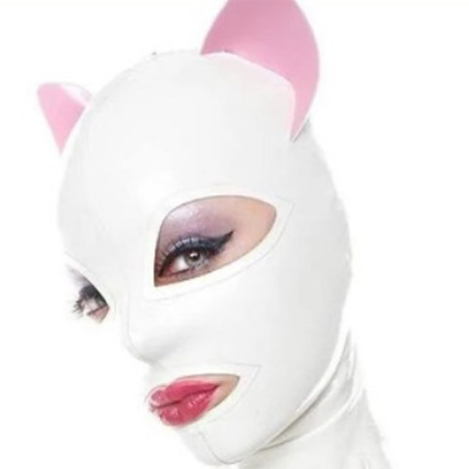 DSPENGS Latex Hood Open Eyes Nose Rubber Head Mask Back Zipper Handmade for BDSM Unisex Cosplay Club with Cat Ears(Size:XXL-73CM)