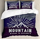 Ambesonne Adventure Duvet Cover Set, Dare to Explore Words Mountain Landscape Journey Adventure Themed Motivational Image, Decorative 3 Piece Bedding Set with 2 Pillow Shams, Queen Size, Indigo