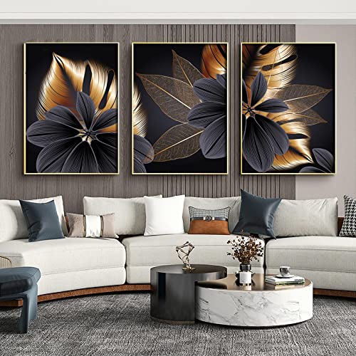 Affiche Plante Feuille Toile Moderne 40x65cm x3 Abstrait Noir Or