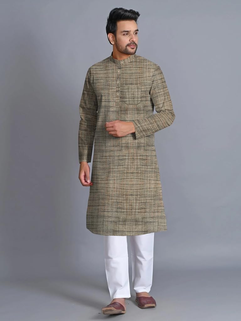 Men's Plaid Cotton Kurta, Full Sleeves, Knee Length-picture-50