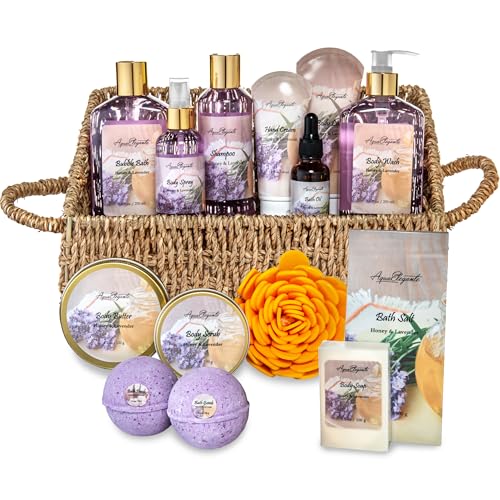 Bath Spa Gift Sets - Luxury Basket With Honey & Lavender - Spa Kit Includes Wash, Bubble Bath, Lotion, Bath Salts, Body Scrub, Body Spray, Shower Puff, Bathbombs, Soap and Towel