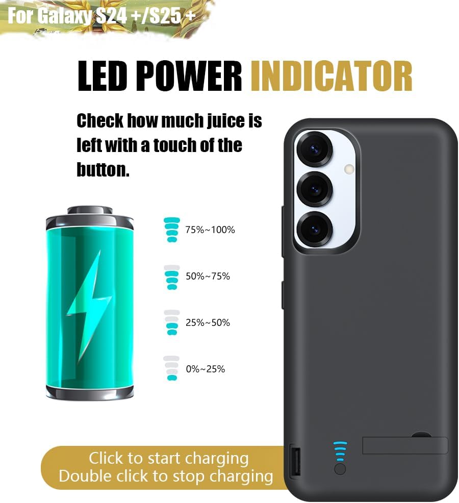 Battery Case for Samsung Galaxy S25+/ S25 Plus/ S24+/ S24 Plus, 5000mAh Rechargeable Extended Battery Charging Charger Case, Add 100% Extra Juice (6.7 Inches) Black