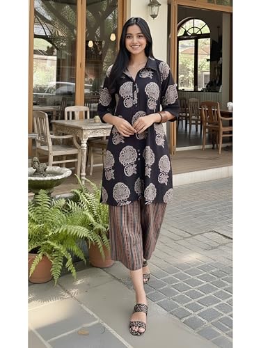 Image of Leriya Fashion Women's Rayon Kurta Pant Set | Casual Style Ethnic Co-ord Set for Women Stylish | Black Print Kurti for Office & Daily Travel Outfit | Oversize Loose Fit Kurta Sets for Woman