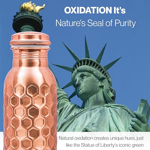 Image of Copper Water Bottle 32 oz, Copper Drinking Bottle Honeycomb | 100% Pure Copper, Ayurvedic Tamra Jal Vessel, Leak-Proof Screw Cap, Cleaning Brush included, Reusable