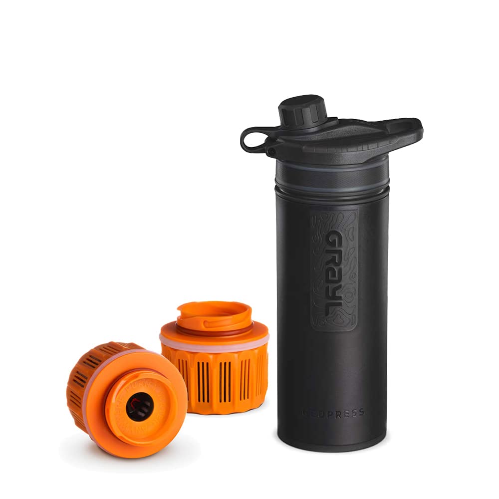Grayl GeoPress Outdoor- & Reisewasserfilter | für 250L Wasser | Filterkartusche wechselbar | Covert Black mit 2 Ersatzfilter