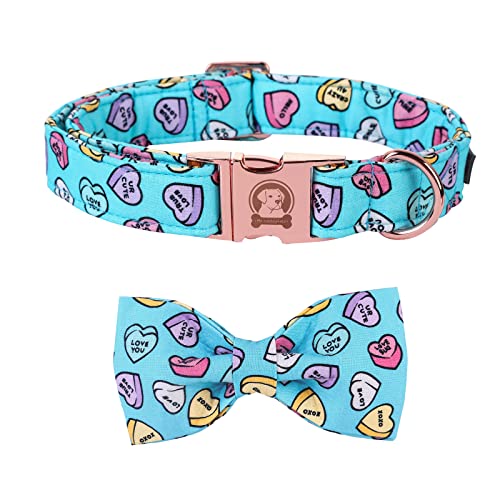 MR. CHUBBYFACE Valentine's Dog Collar with Bowtie, Cute Blue Heart Dog Collar with Metal Buckle, Adjustable Cotton Collar for Small Medium Large Dogs