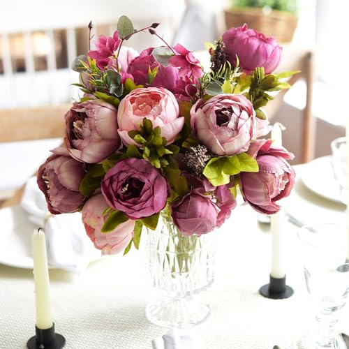 Image of FiveSeasonStuff Soft Peach Pink and Magenta Red Vintage Artificial Peonies Silk Flowers and Hydrangeas for Wedding Bridal Home Decor - Beautiful Floral Centerpiece Bouquet (Celestial Beauty)