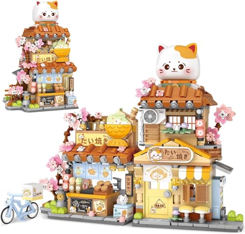 Image of SKY LINE OCEAN Japanese Street View Taiyaki Shop Mini Building Blocks Set, 923+ PCS Cute Cat Food Shop Architecture Model Kit, Creative MOC Construction Toy for Girls Boys Kids Adults
