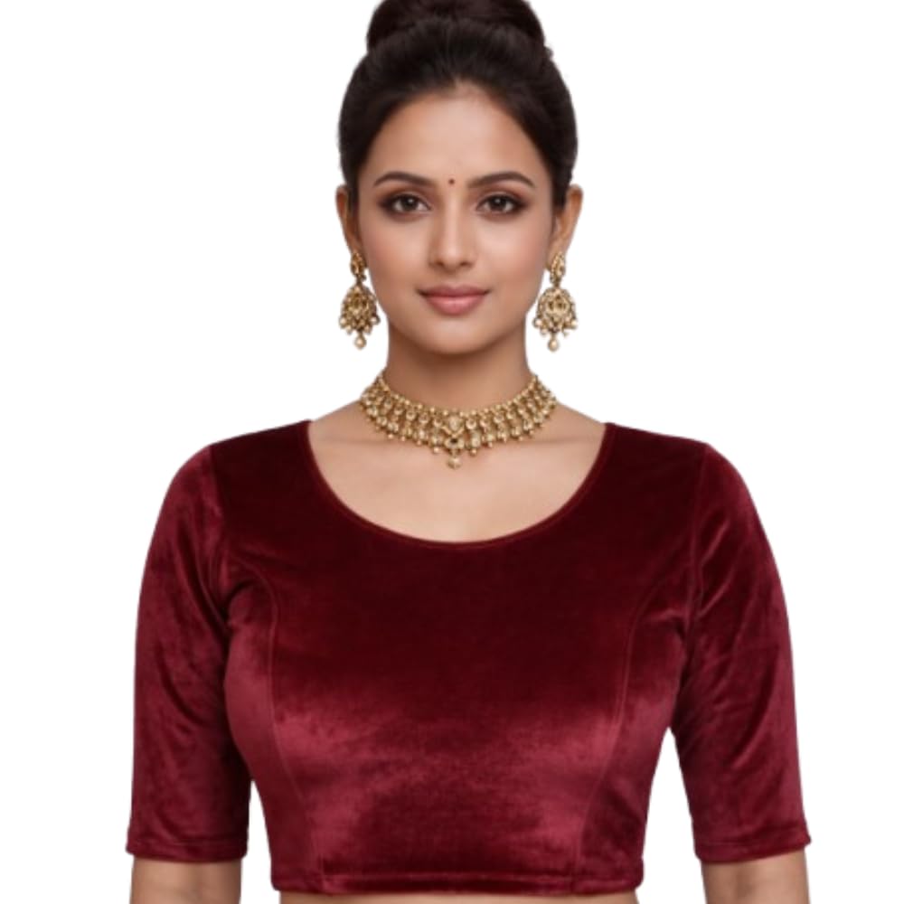 Women’s Velvet Solid Saree Blouse, Round Neck Elbow Sleeve Stretchable Readymade Blouse for Saree, Maroon, XL, Solid Stitched Blouse for Women-picture-43