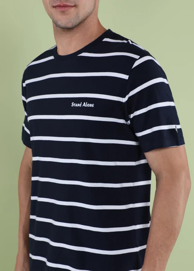Image of Men's T-Shirt Stand Alone 100% Organic Cotton Striped T-Shirt | Anti Pilling Fabric - Biowash | Yarn Dyed Horizontal Stripes | Round Neck | Half Sleeve | Regular Fit | Premium Casual T-Shirt