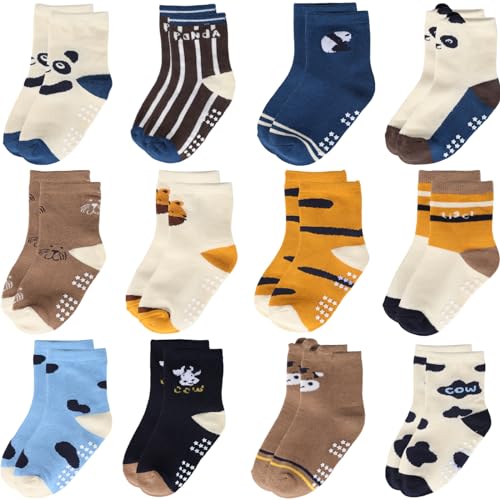 Yafane 12 Pares de Calcetines Antideslizantes para Niños Pequeños Infantil Recién Nacido Calcetines Antideslizantes Algodón para Bebés 0-7 años (Multicolor G, 1-3 años)