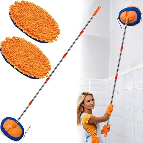 Wall Cleaner, Max 13 Ft+ Wall Mop with Long Handle, Ceiling Dust Mop with 15° Labor-Saving Elbow Extension Pole, Baseboard Duster Washer Scrubber, High Reach Window Cleaning Brush, Roof Cleaning Tool Cover