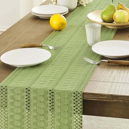 Image of ZeeMart Macrame Style Boho Table Runner, Sage Green Table Runners 36 Inches Long, Farmhouse Woven Home Decor, 12x36 Inch, Green