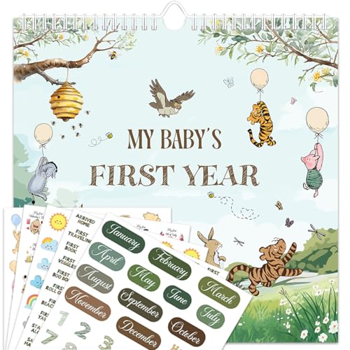 Baby's First Year Calendar with Stickers, Winnie Baby 1st Year Milestone, Baby's First-Year Tracker, Pooh Wall-Calendar Keepsake Suit for Newborn Ultrasound Photo Baby Shower Guest Signatures