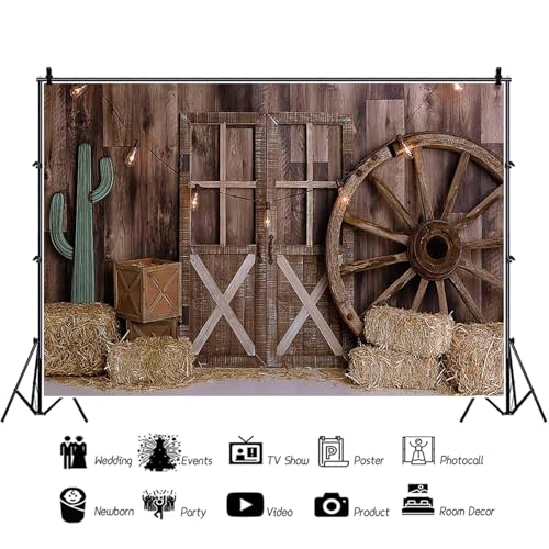MIRRORANG 2,5x1,8m Western Cowboy Backdrop Wooden Barn Door Farmhouse Wheels Haystack Hay Bales Wagon Wheel Cactus Retro Photography Background for Cowboy Newborn Baby Shower Party Vinyl - Image 3