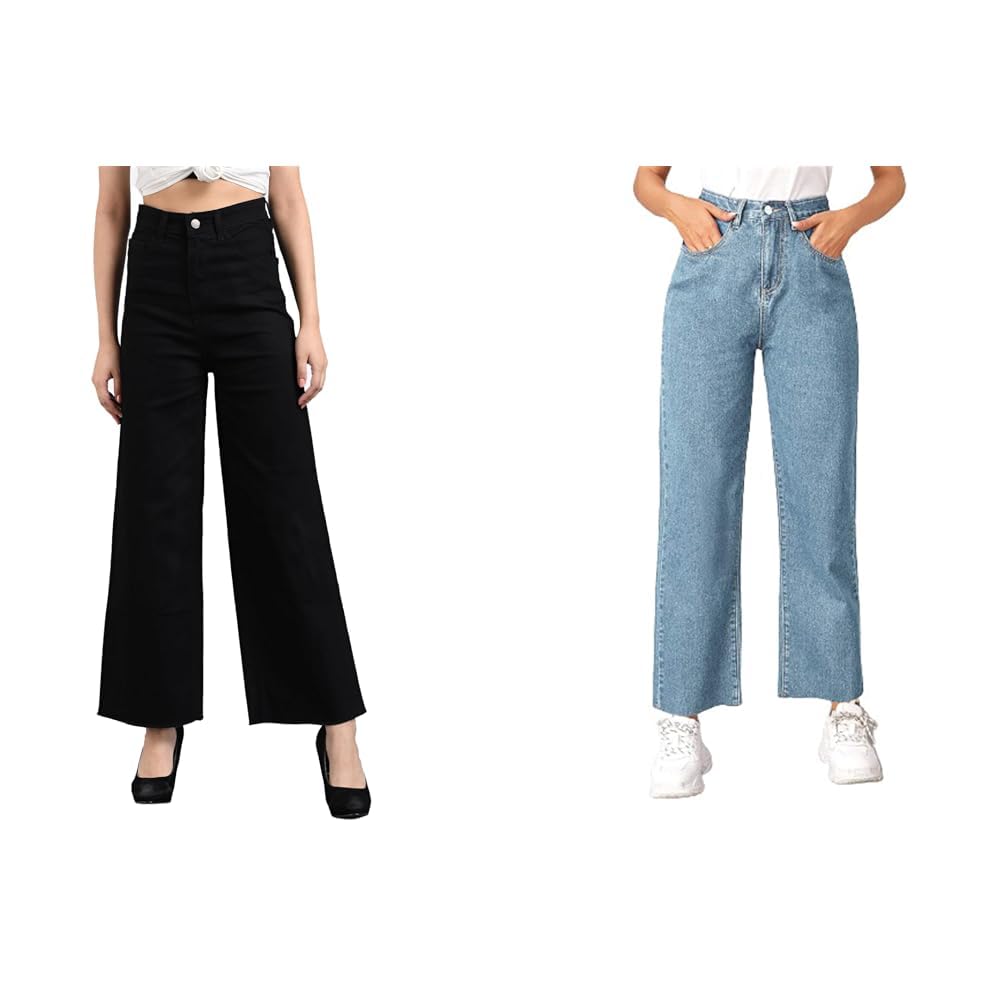 kotty Womens Solid High Rise Cotton Lycra Blend Relaxed Fit Ankle Length Jeans (Pack of 2)-picture-18
