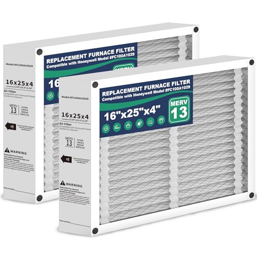 2Pack 16x25x4 AC Furnace Air Filter Compatible with Honeywell FC100A1029 MERV 13 HVAC Filter Replacement (Actual Size:15.94 x 24.86 x4.38 inches)