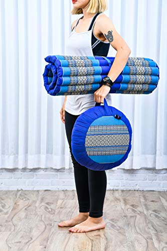 Image of Leewadee Meditation Cushion Set - 1 Round Zafu Meditation Pillow and 1 Square Roll-Up Zabuton Meditation Mat, Pillows Bundle Filled with Kapok