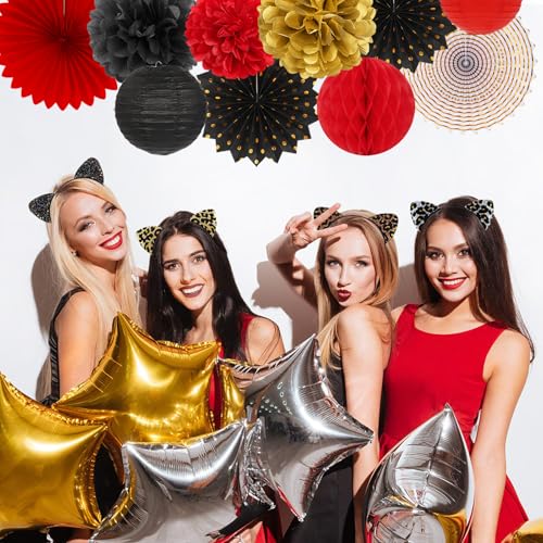 Image of Red-Black Gold Casino Theme Party-Decorations - 20pcs Game Night Paper Lanterns Fans,Tissue Pom Poms,Honeycomb Balls,Bunting,Birthday Graduation Wedding Bridal Baby Shower Decor Burgleda