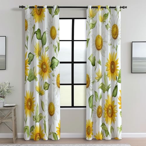 Blackout Curtains Bedroom Watercolor Style Sunflower Pattern, Geo-Thermal Insulated Energy Efficiency Window Treatment Sets Privacy Grommet Drapes for Kids Room 52