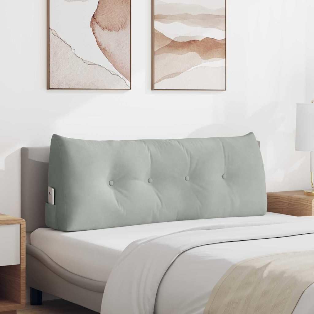 Cojín de respaldo gris claro, 120 x 24 x 50 cm, terciopelo con bolsillo lateral, respaldo ergonómico, diseño moderno para salón, dormitorio, oficina