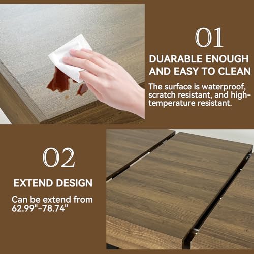 Image of Brown Dining Room Table Set for 6, 7-Piece 63 inch-78.74 inch Extendable Dining Table Set with 6 Upholstered Chairs, Rectangle Wooden Expanding Kitchen Table and Grey Chairs Set