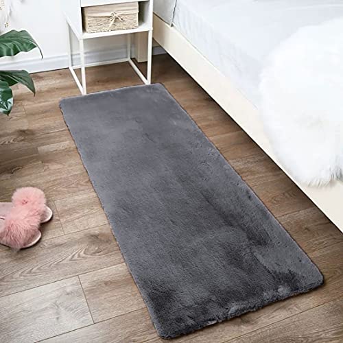 Image of Luxe Home Rabbit Fur Soild RunnerSuper Soft, Anti-Slip, Washable, Rectangle, for Livingroom Rug, in Bedroom Bedside Runner (Grey, 2x5 Feet)
